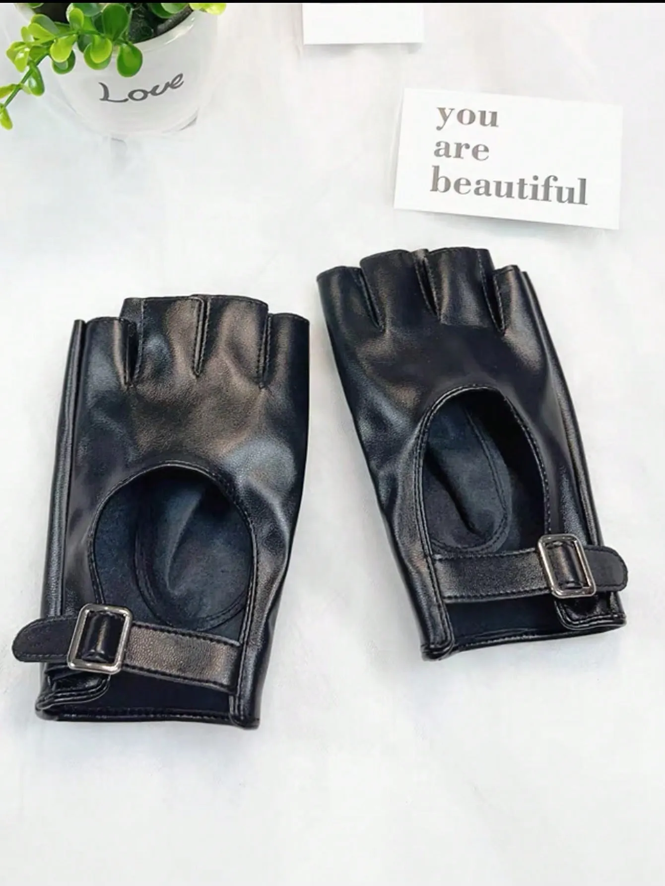 1 Par De Guantes Para Mujeres Con Media Punta Negra Con Hebilla De Metal Ajustable Para Moto