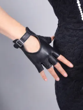 1 Par De Guantes Para Mujeres Con Media Punta Negra Con Hebilla De Metal Ajustable Para Moto