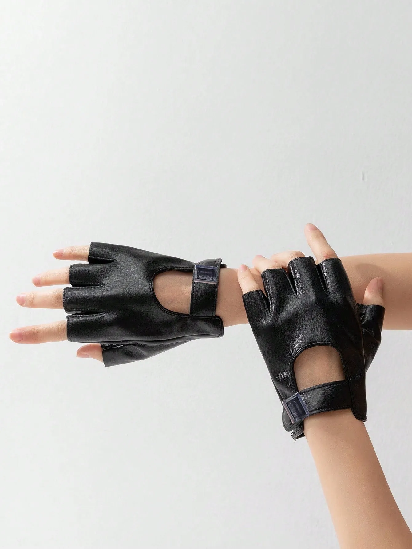 1 Par De Guantes Para Mujeres Con Media Punta Negra Con Hebilla De Metal Ajustable Para Moto