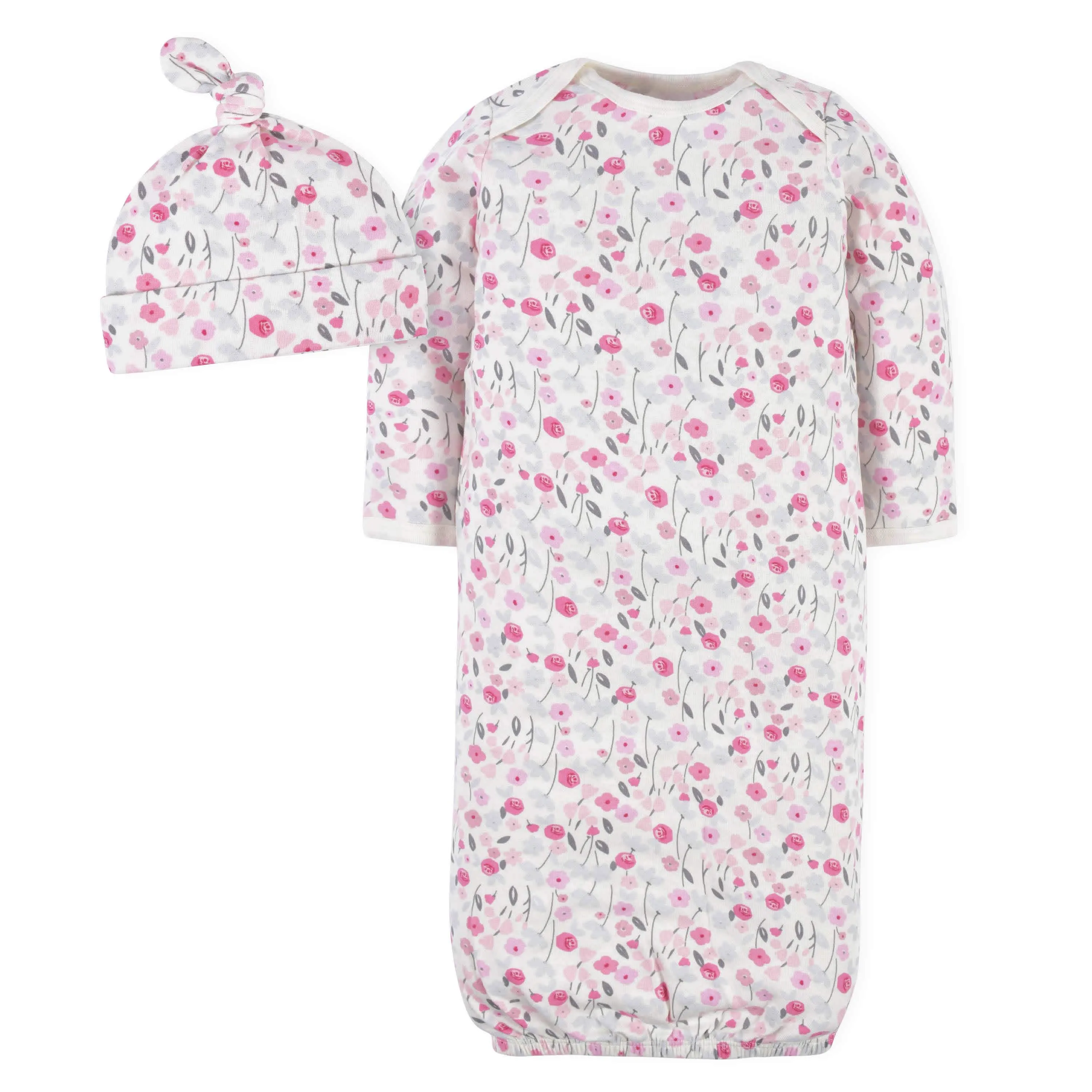 2-Piece Baby Girls Comfy Stretch Roses & Bunnies Gown & Cap Set