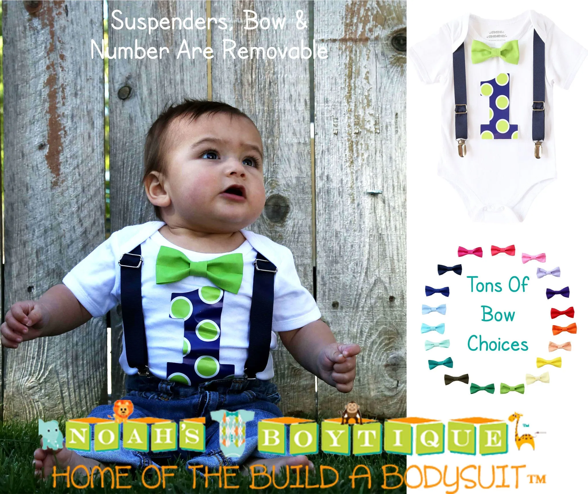 Baby Boy First Birthday Outfit Lime and Navy Dots Suspenders Bow Tie