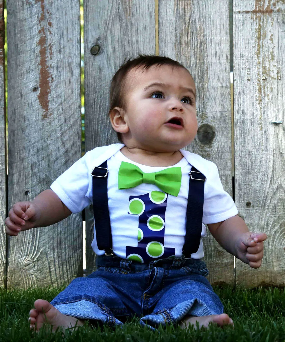 Baby Boy First Birthday Outfit Lime and Navy Dots Suspenders Bow Tie