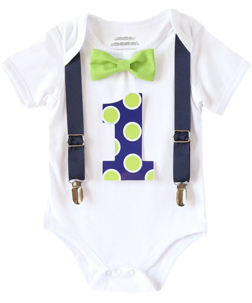 Baby Boy First Birthday Outfit Lime and Navy Dots Suspenders Bow Tie