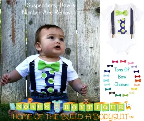 Baby Boy First Birthday Outfit Lime and Navy Dots Suspenders Bow Tie