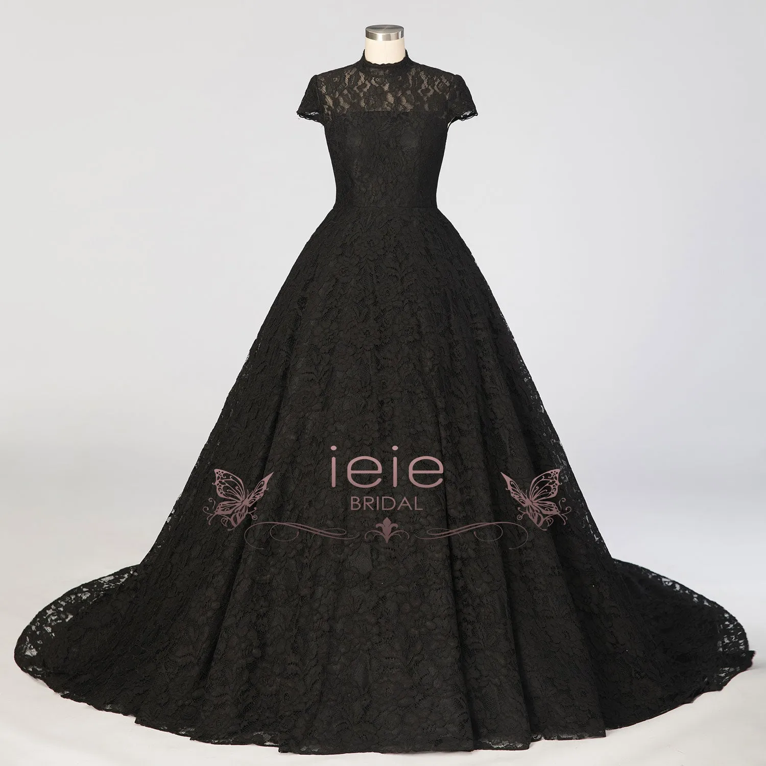 Black Ball Gown Lace Wedding Dress with Short Sleeves ADDISON