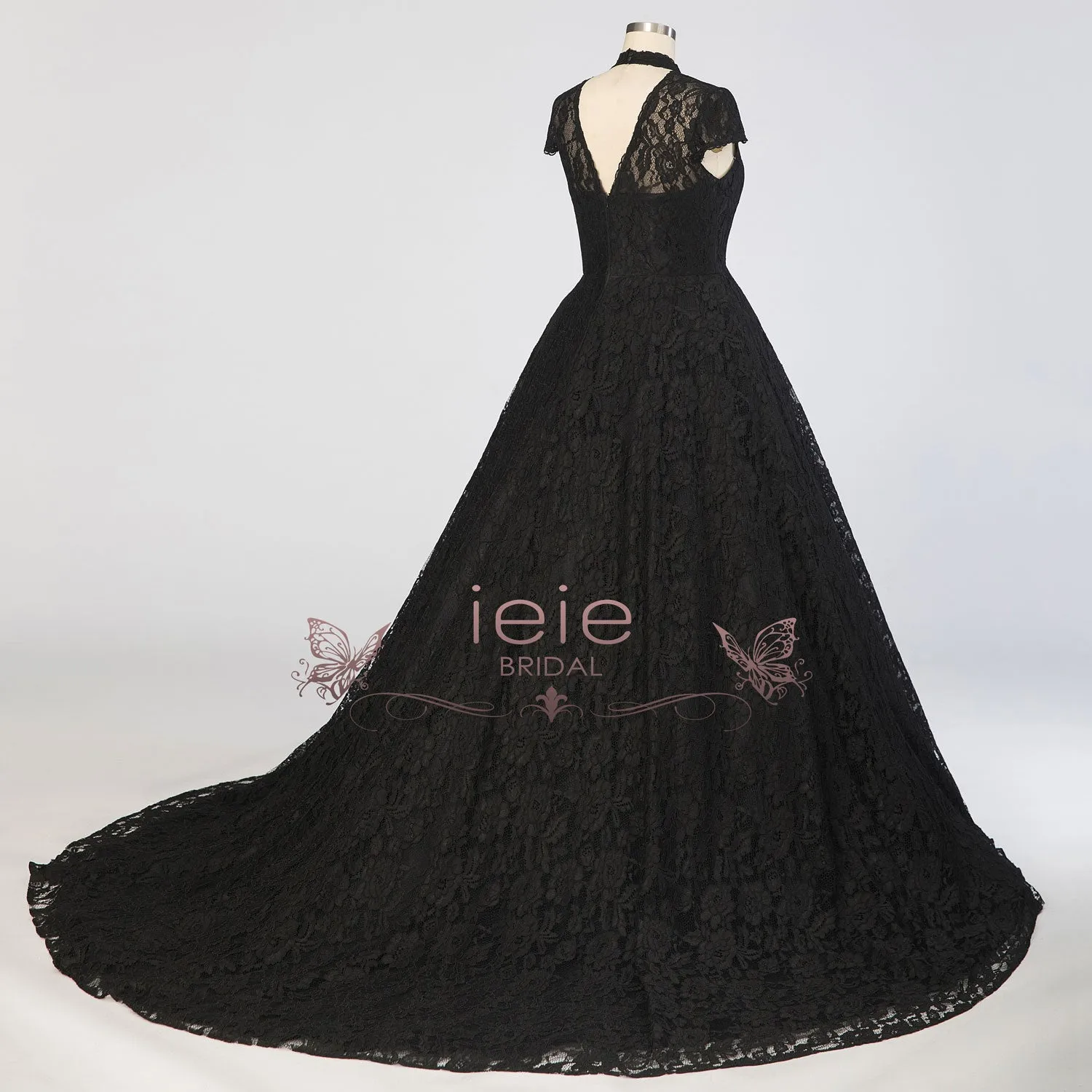 Black Ball Gown Lace Wedding Dress with Short Sleeves ADDISON