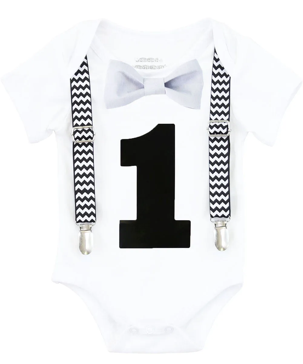 Black Chevron First Birthday Bow Tie Outfit with Grey Pants