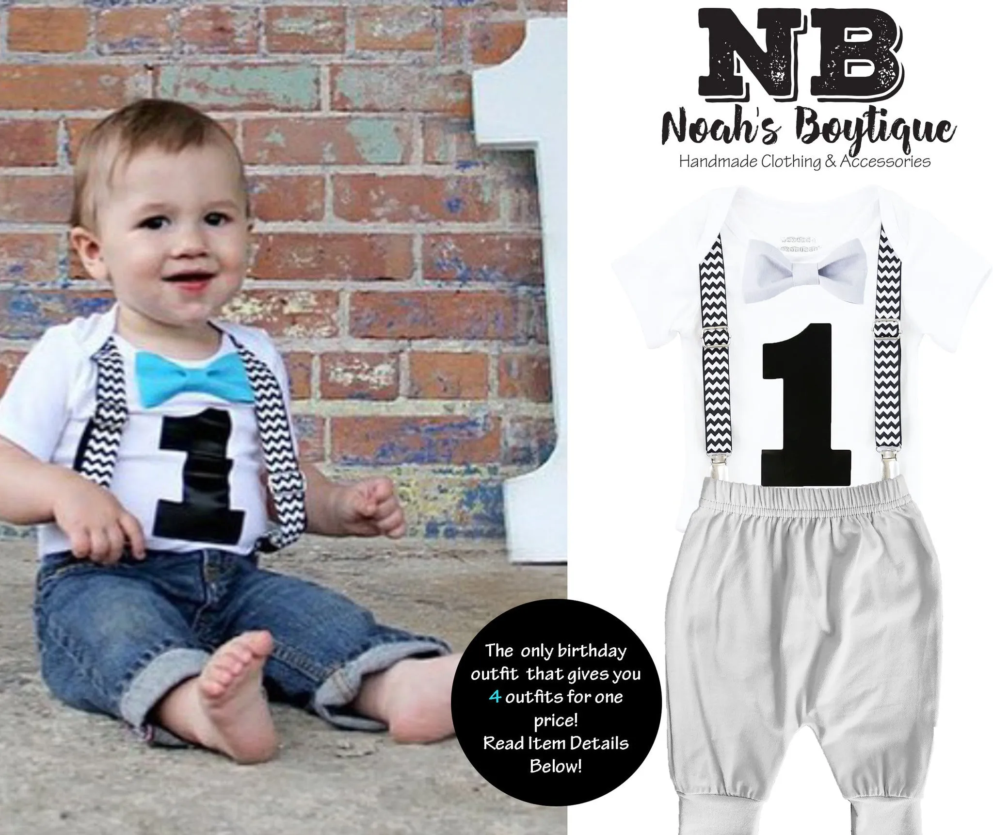 Black Chevron First Birthday Bow Tie Outfit with Grey Pants