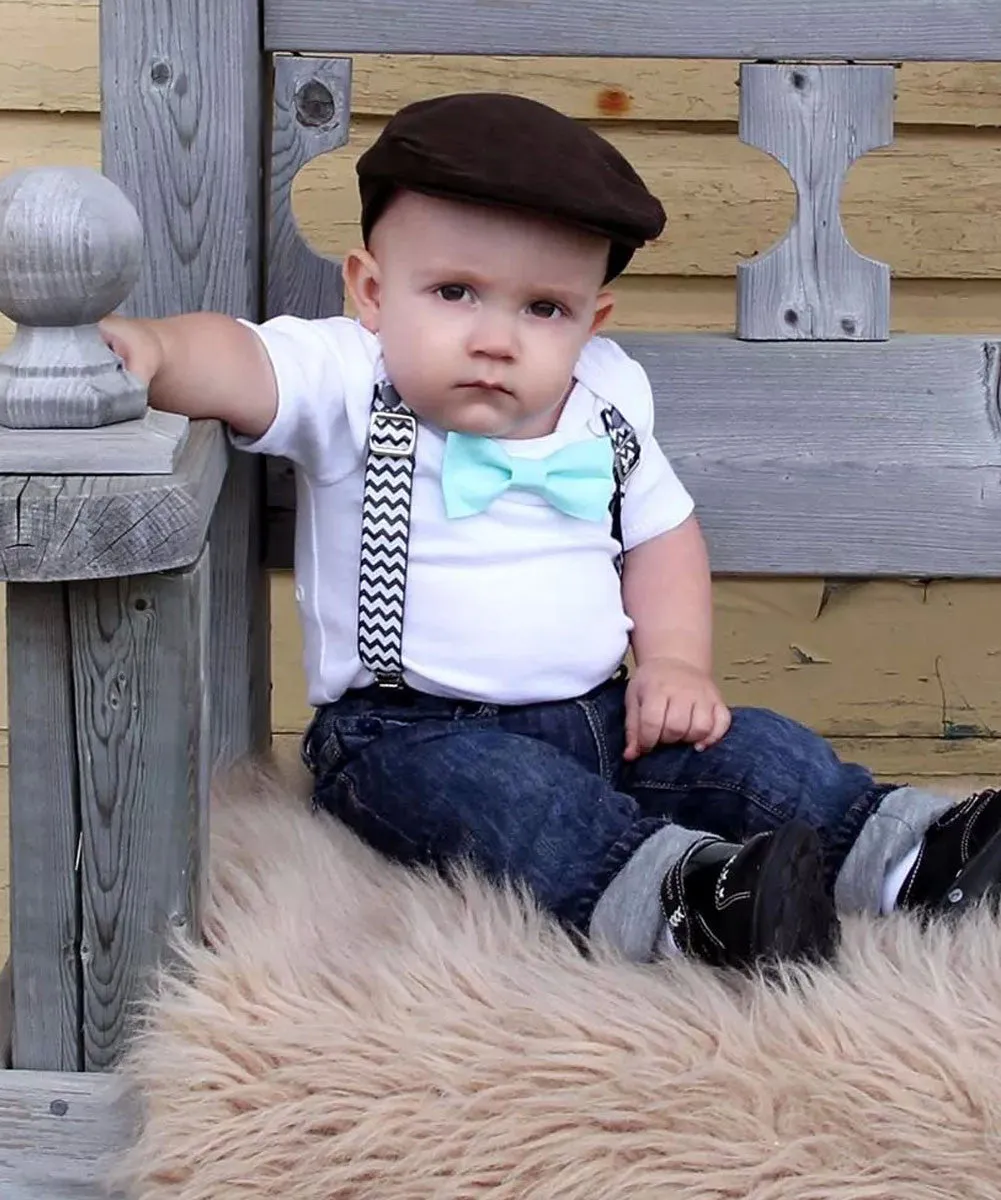 Black Chevron First Birthday Bow Tie Outfit with Grey Pants