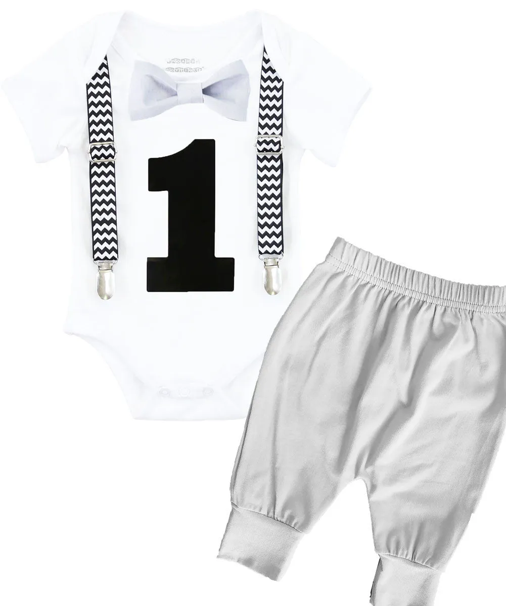 Black Chevron First Birthday Bow Tie Outfit with Grey Pants