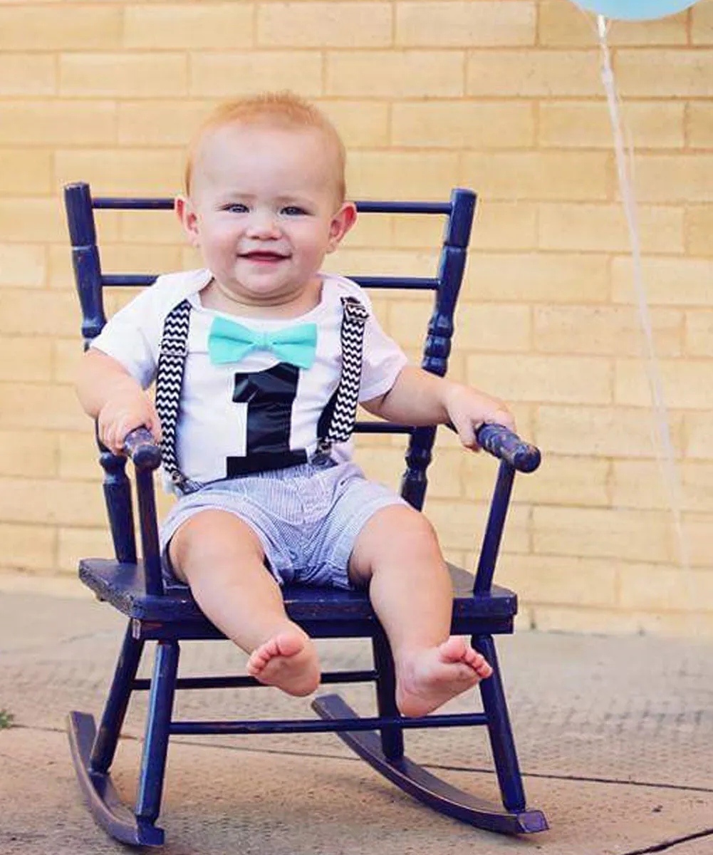 Black Chevron First Birthday Bow Tie Outfit with Grey Pants