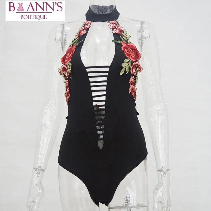 BLACK FLORAL EMBROIDERED BODYSUIT