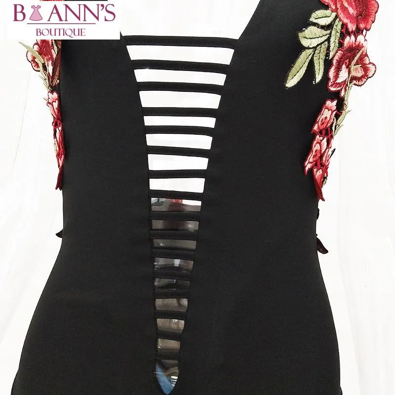 BLACK FLORAL EMBROIDERED BODYSUIT