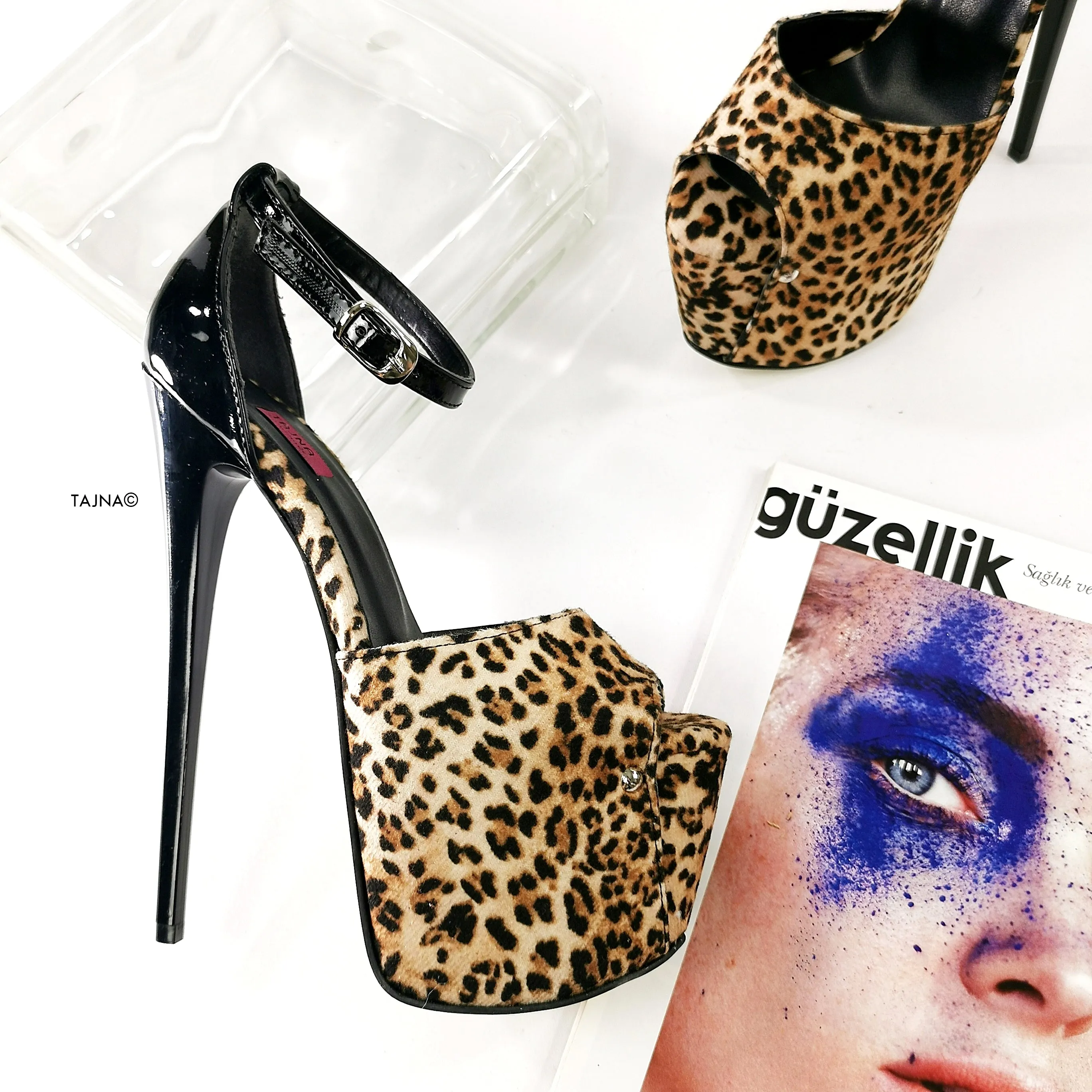 Black Gloss Leopard Detail Anke Strap Heels