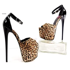 Black Gloss Leopard Detail Anke Strap Heels