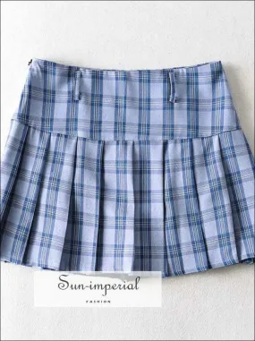 Blue High Waist Pleated Tennis Check Mini Skirt with Underpants