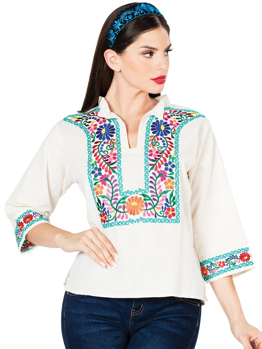 Blusa Artesanal Espigas Bordada de Flores para Mujer