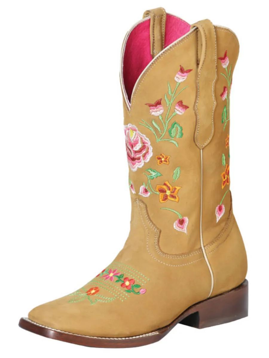 Botas Vaqueras Rodeo con Tubo Bordado de Flores de Piel Nobuck para Mujer 'El General' - ID: 51121