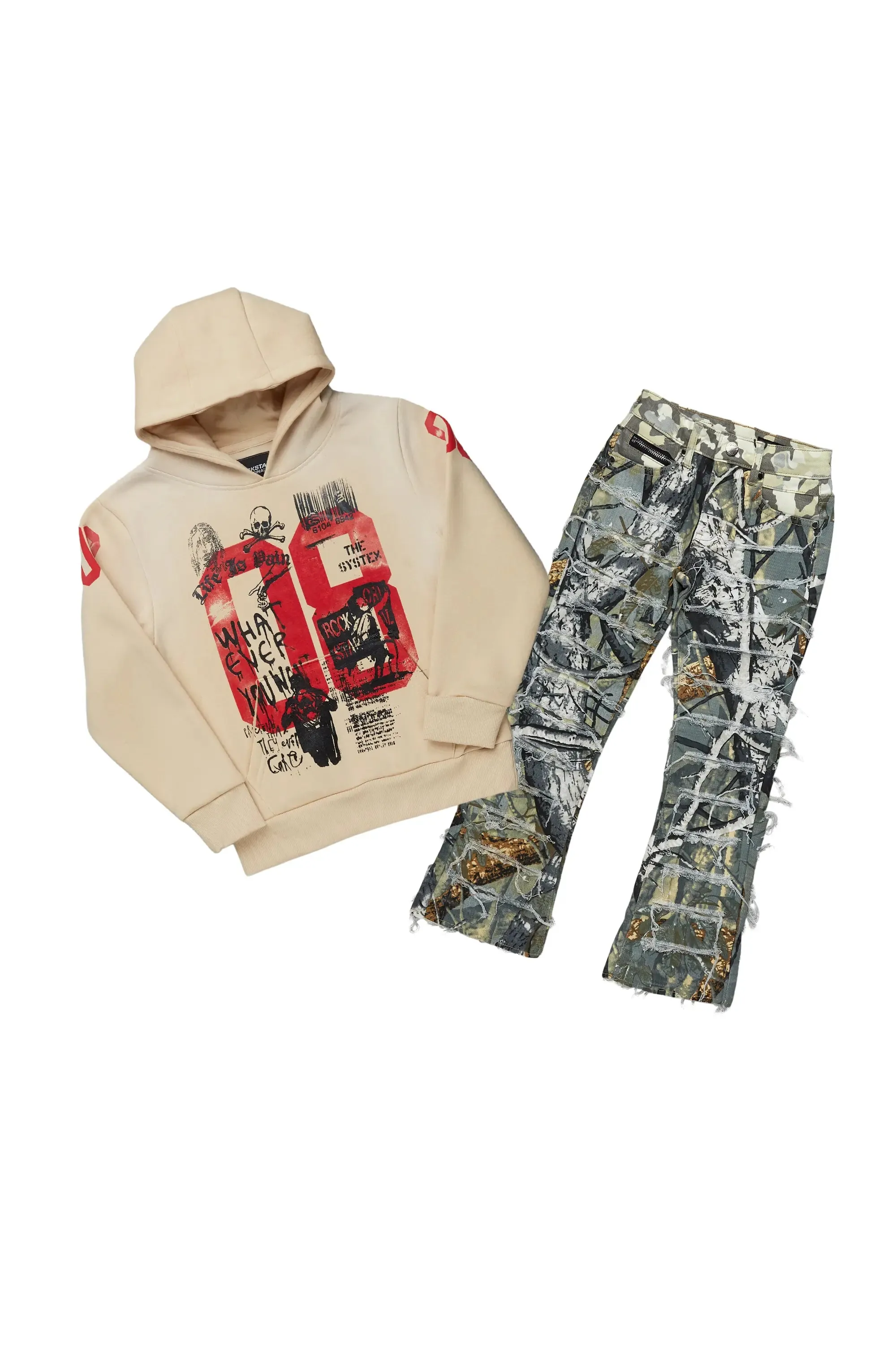 Boys Enzo Beige Hoodie/Stacked Flare Jean Set