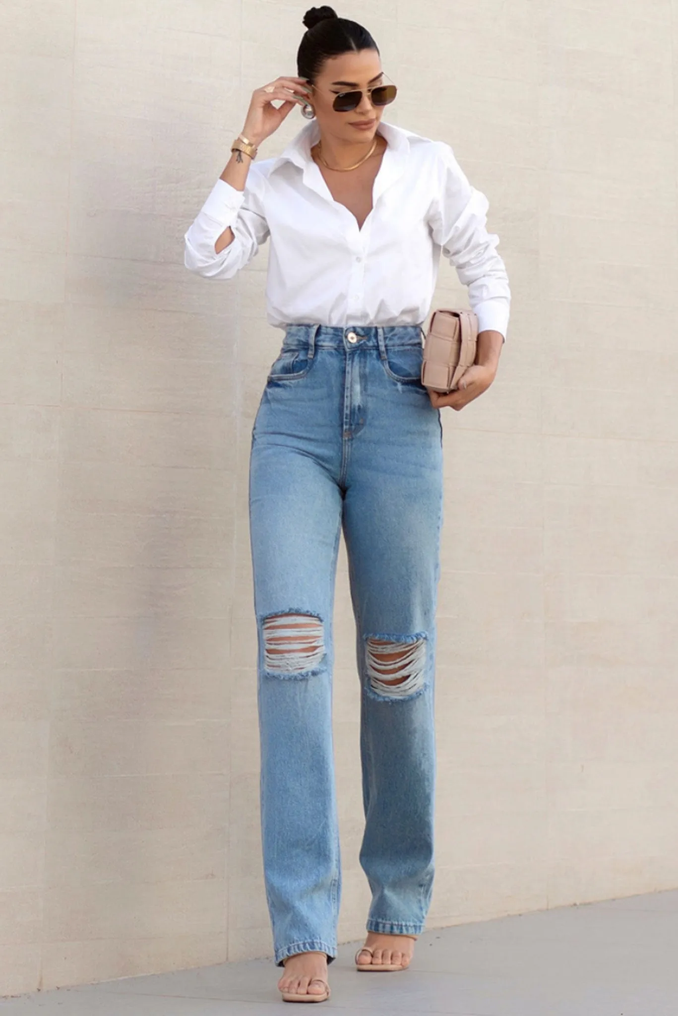 Calça Wide Leg Jeans Destroyed