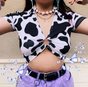 Cow-Bye Print V-Neck Crop Top 🐮🖤