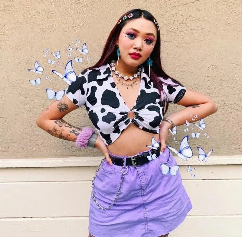 Cow-Bye Print V-Neck Crop Top 🐮🖤