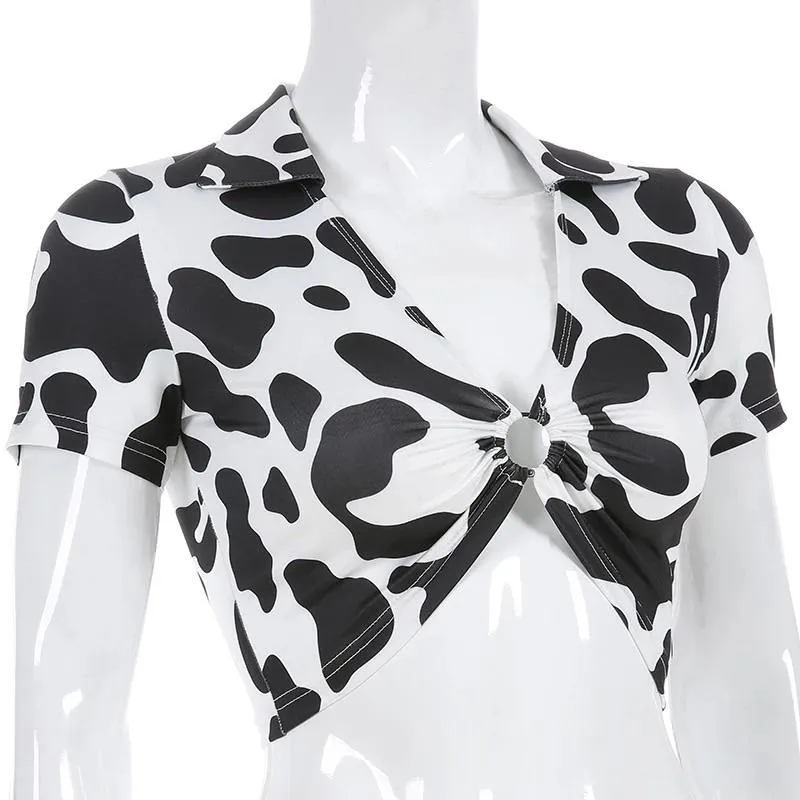 Cow-Bye Print V-Neck Crop Top 🐮🖤