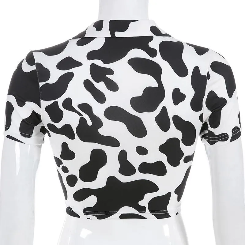 Cow-Bye Print V-Neck Crop Top 🐮🖤