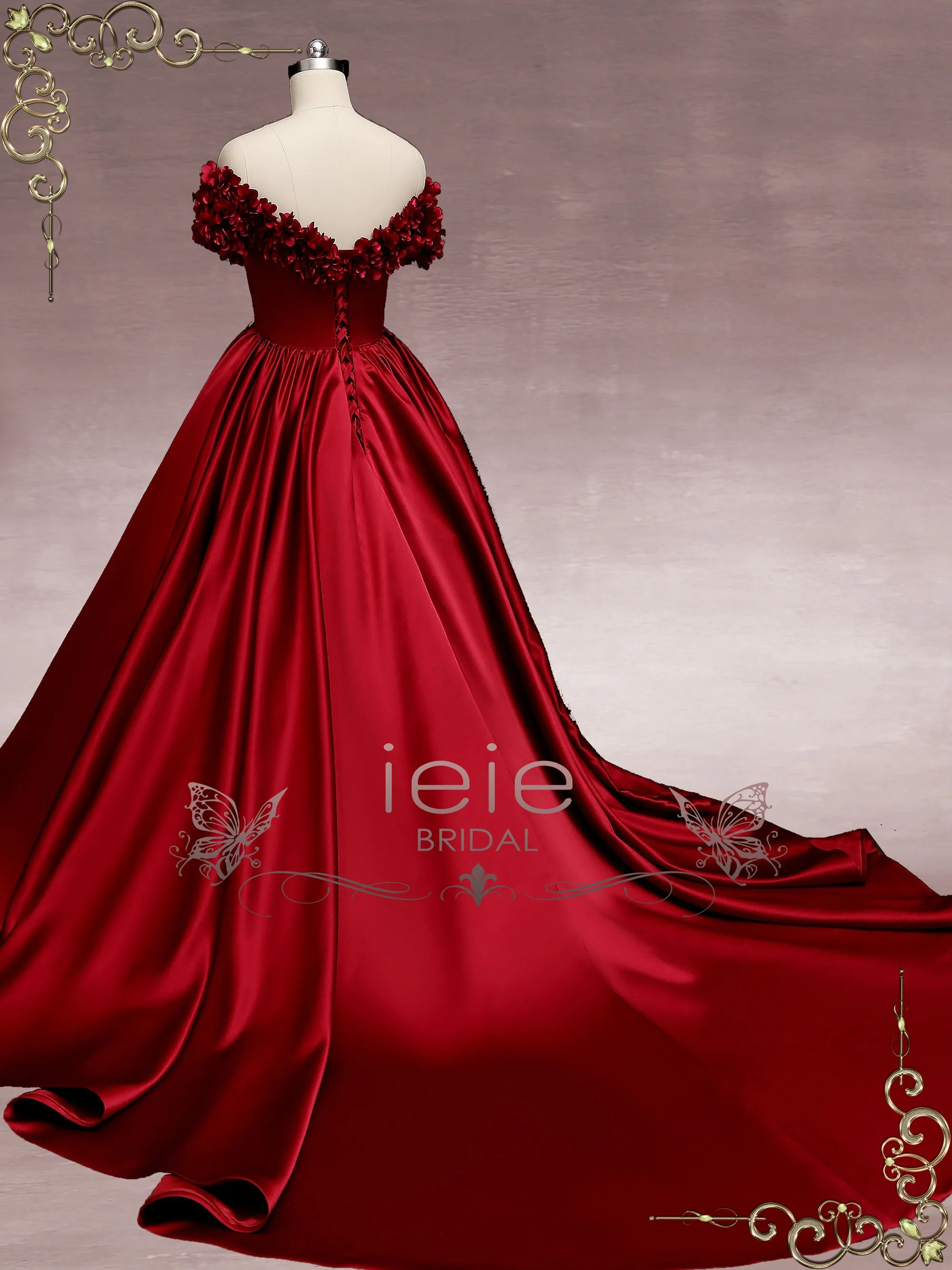 Dark Red Off the Shoulder Ball Gown Wedding Dress with Roses MURINA