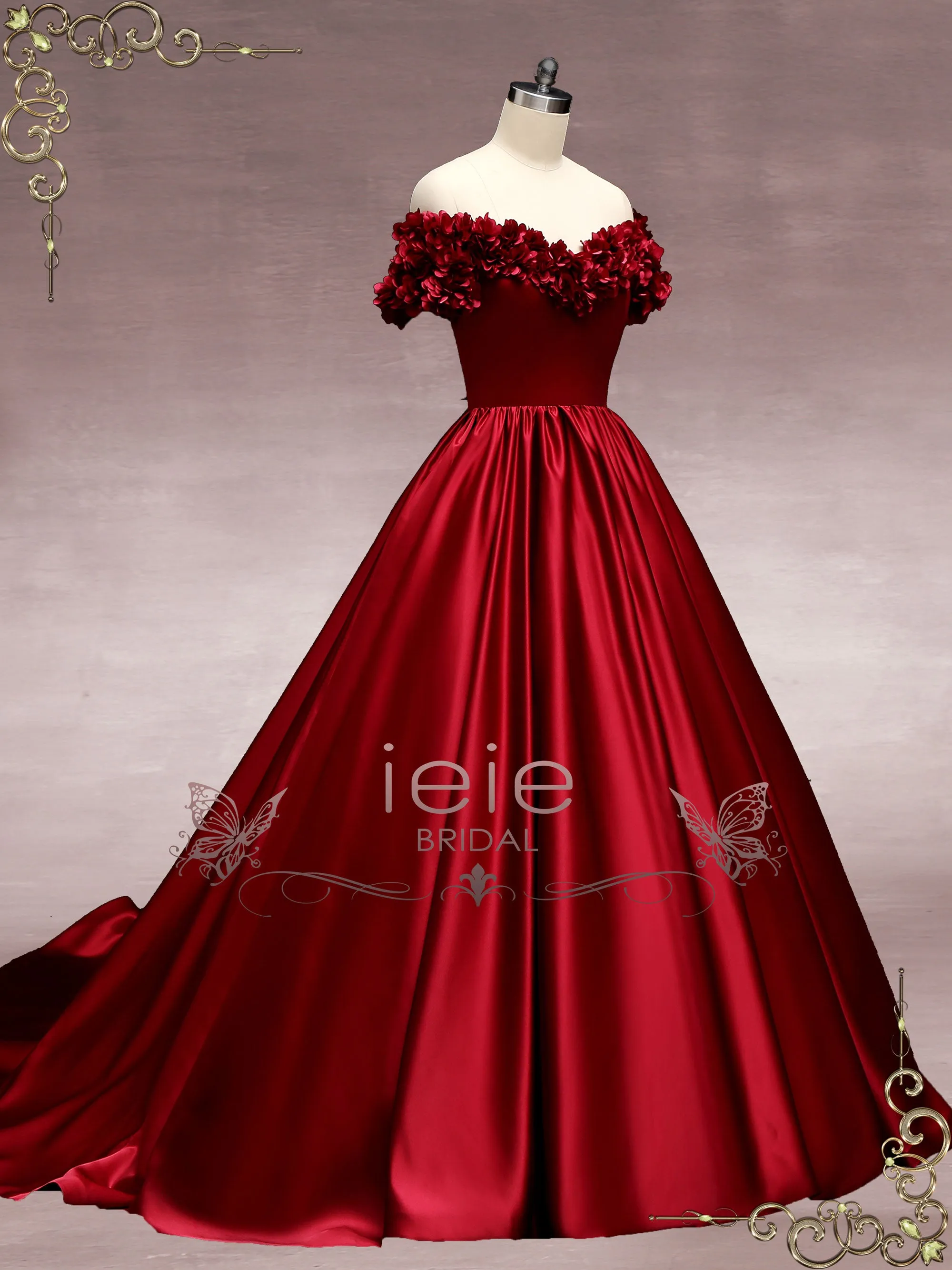 Dark Red Off the Shoulder Ball Gown Wedding Dress with Roses MURINA