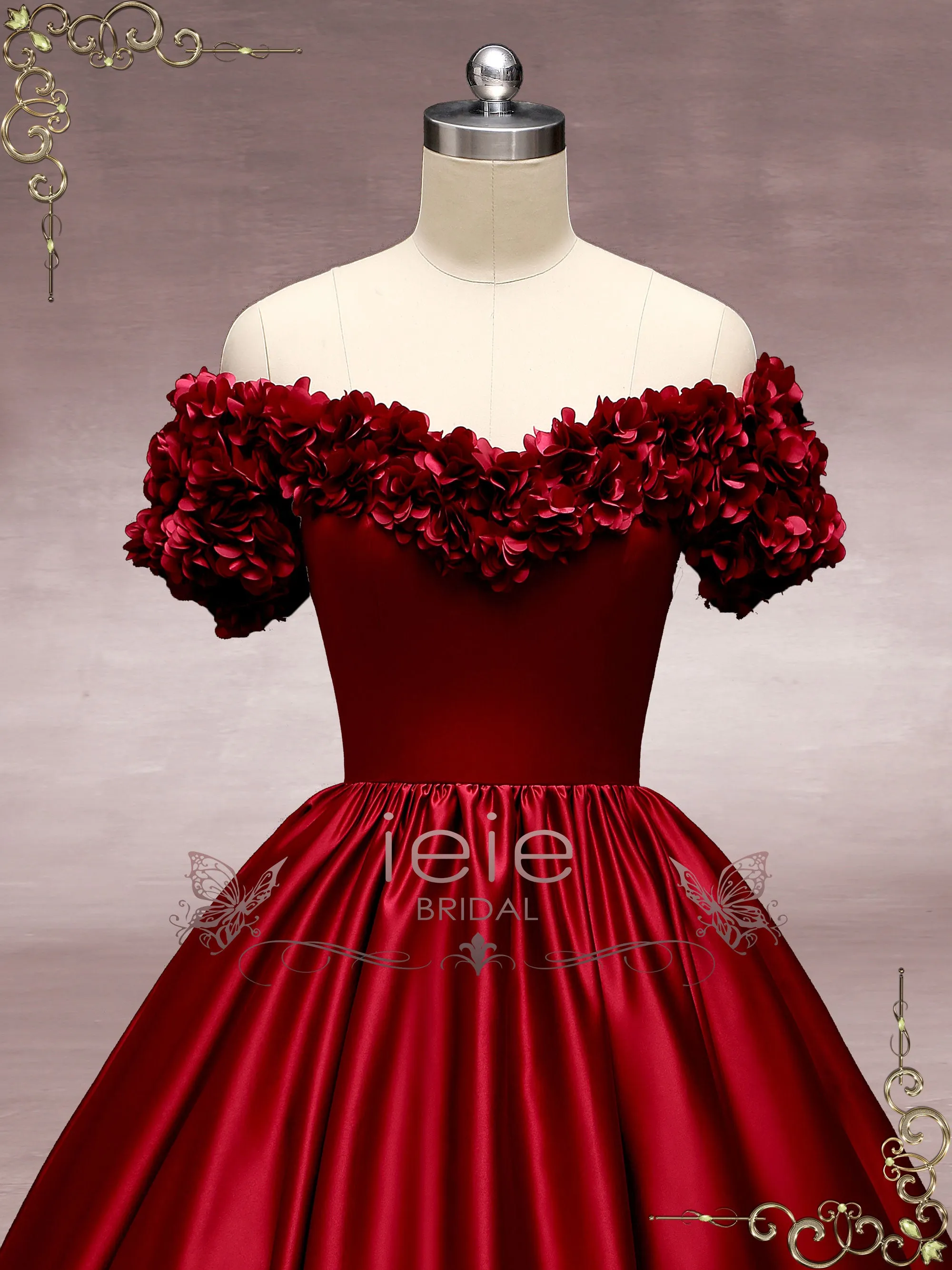 Dark Red Off the Shoulder Ball Gown Wedding Dress with Roses MURINA