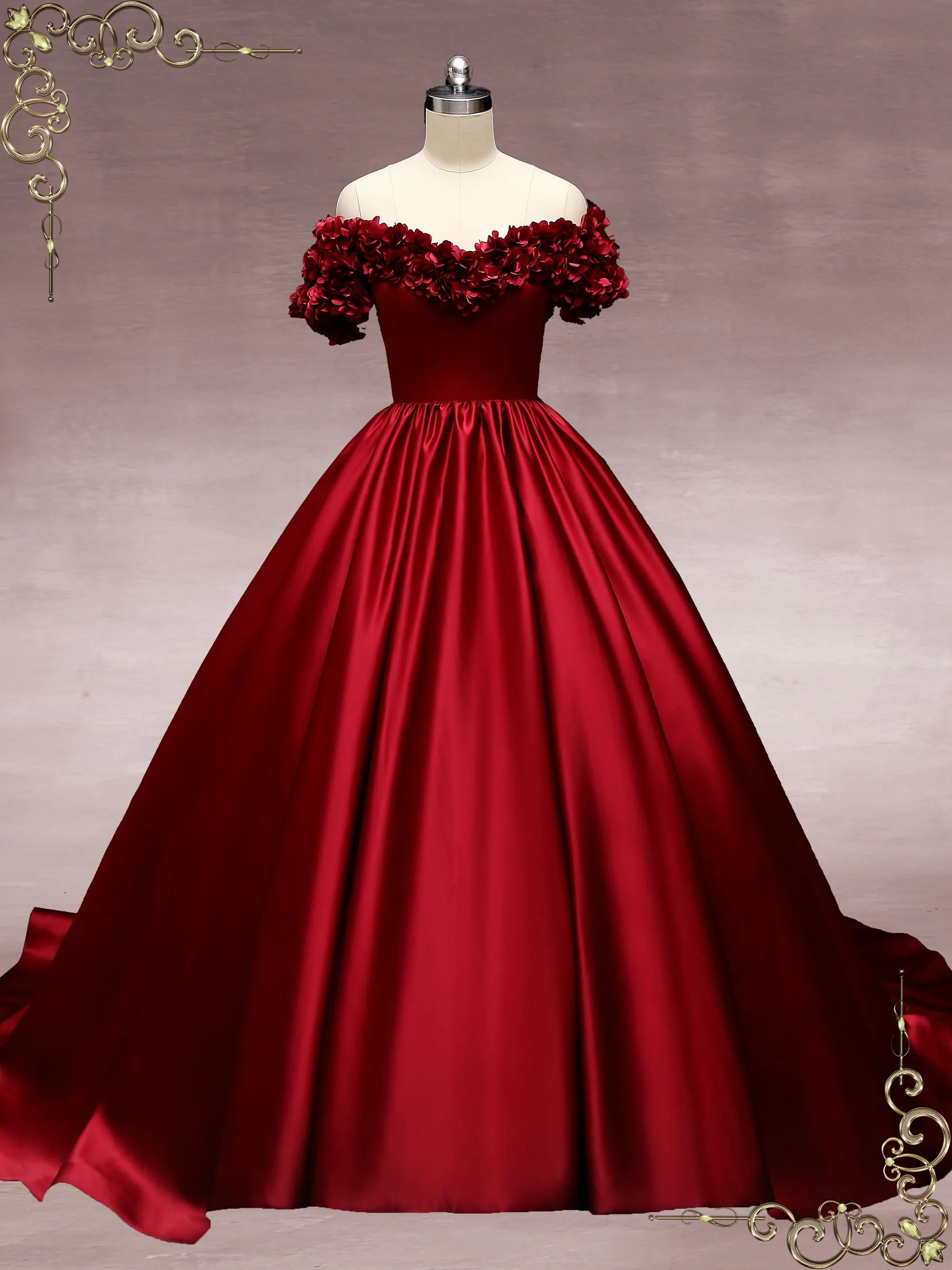 Dark Red Off the Shoulder Ball Gown Wedding Dress with Roses MURINA