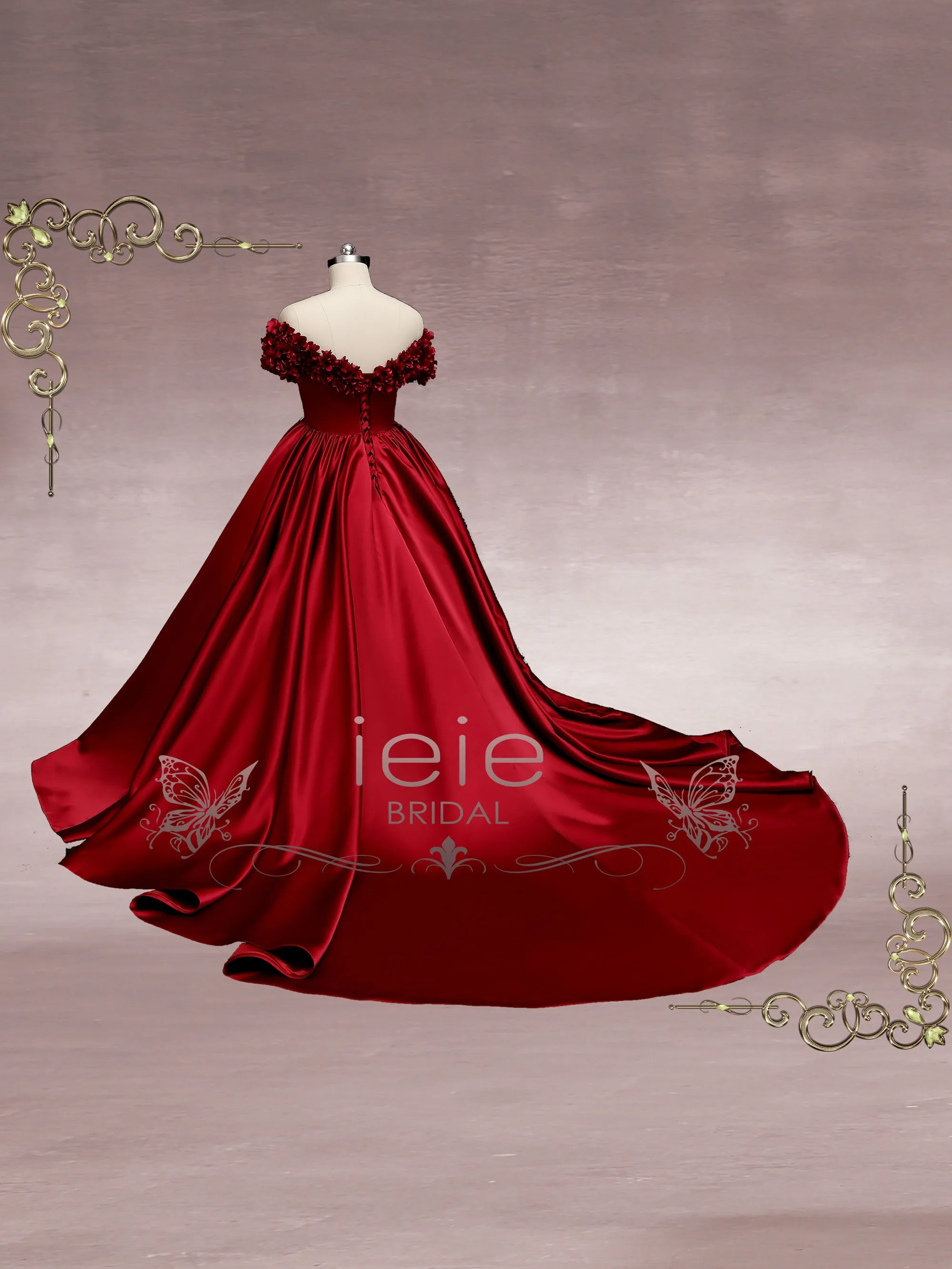 Dark Red Off the Shoulder Ball Gown Wedding Dress with Roses MURINA