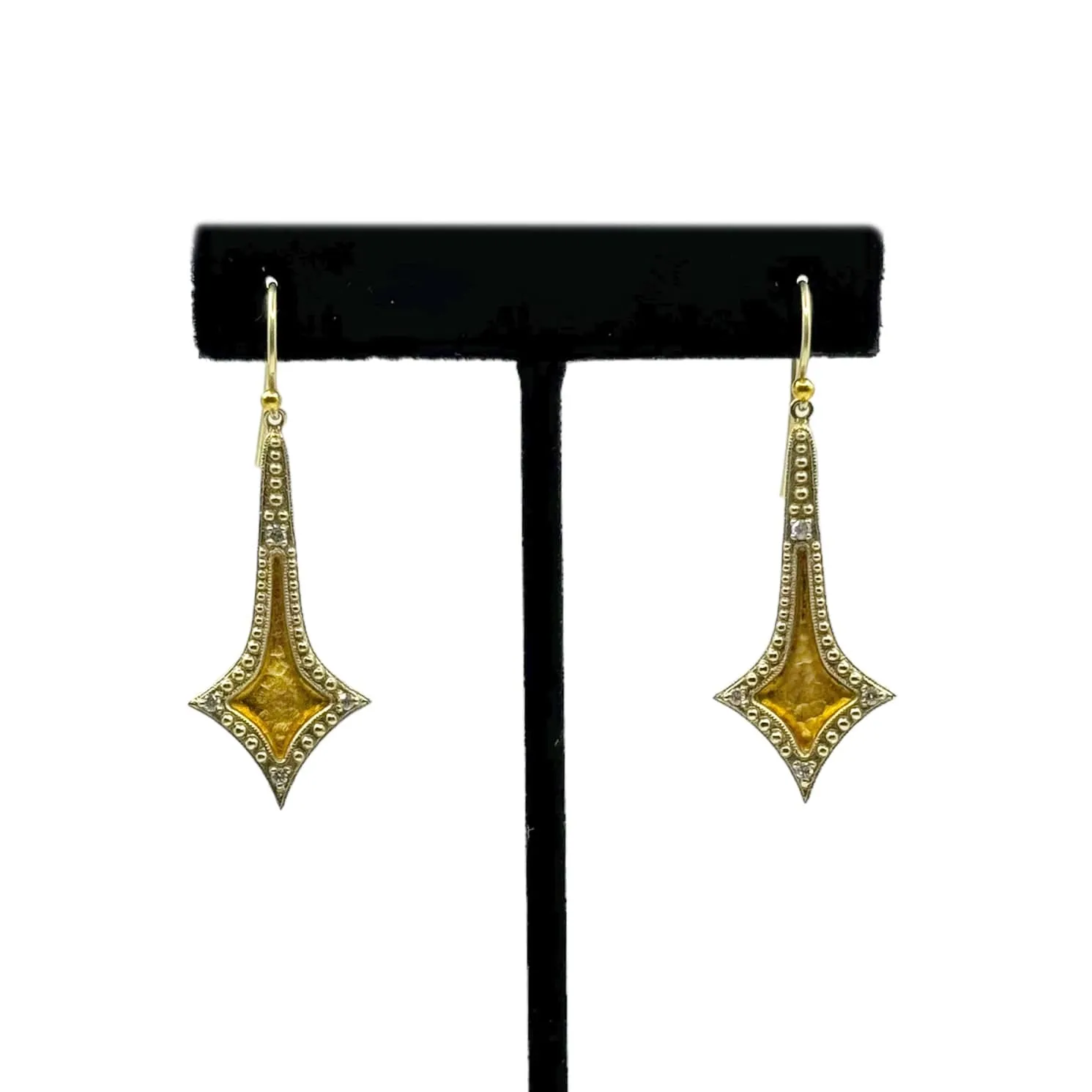 EARRINGS Dangling Hammered 14K Gold & Diamond with Studded Edges