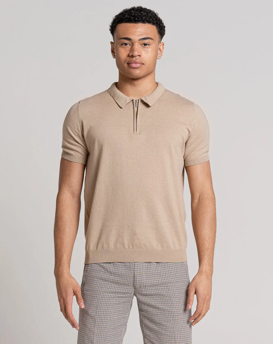 ESSENTIAL SHORT SLEEVE ZIP POLO TOP | LIGHT STONE MARL