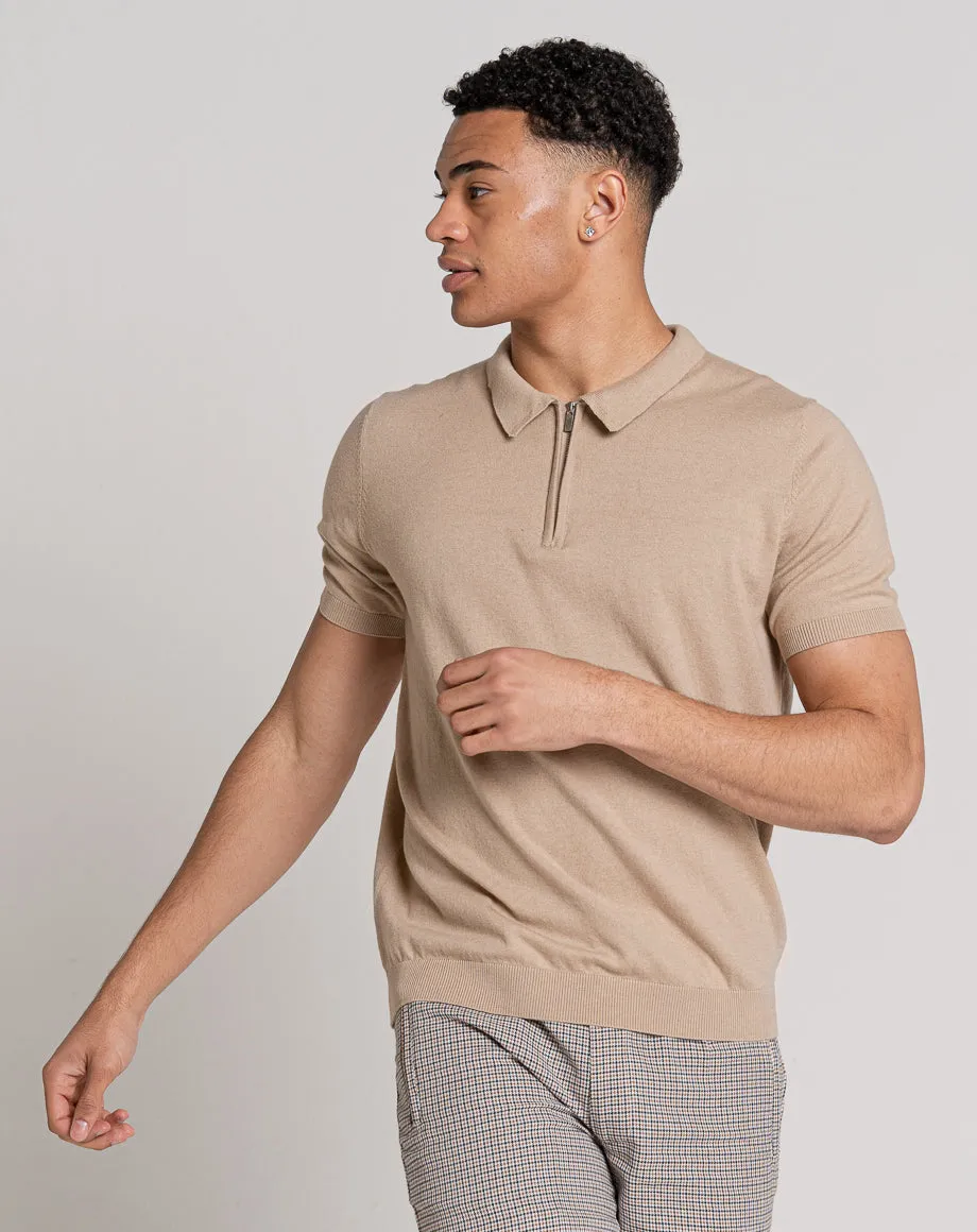 ESSENTIAL SHORT SLEEVE ZIP POLO TOP | LIGHT STONE MARL