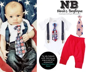 Fourth of July Outfit Baby Boy Star Tie with Suspenders Red and Blue