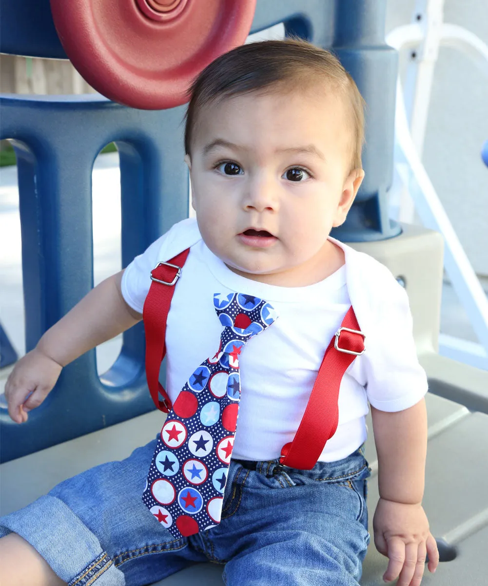 Fourth of July Outfit Baby Boy Star Tie with Suspenders Red and Blue