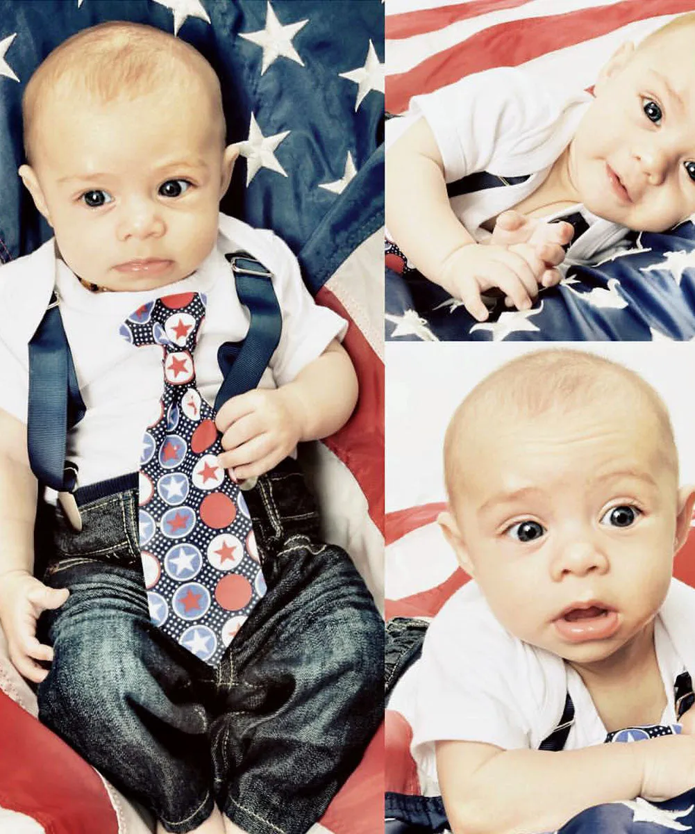 Fourth of July Outfit Baby Boy Star Tie with Suspenders Red and Blue