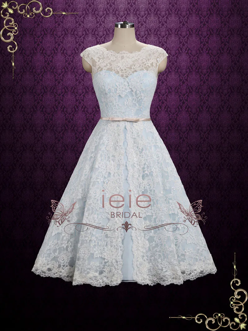 Ice Blue Vintage Lace Tea Length Wedding Dress SHANNON