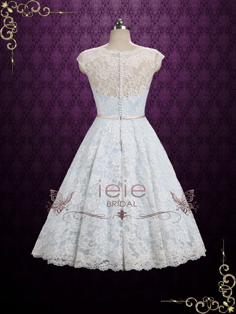 Ice Blue Vintage Lace Tea Length Wedding Dress SHANNON