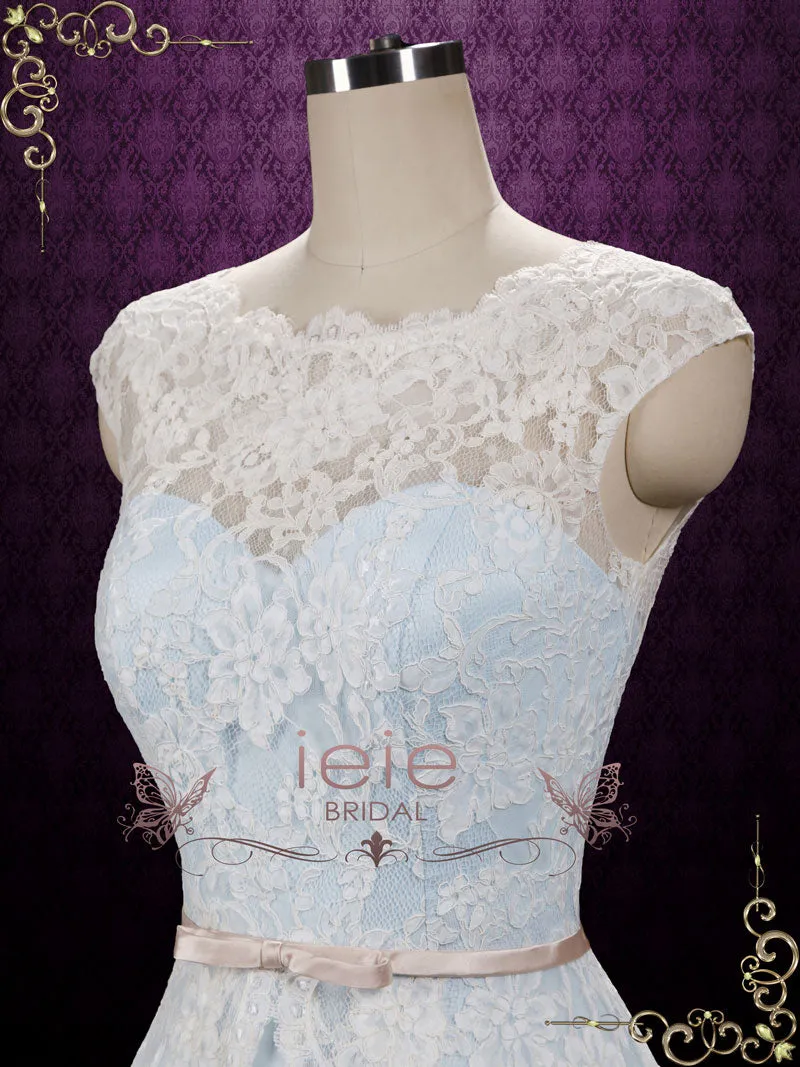 Ice Blue Vintage Lace Tea Length Wedding Dress SHANNON