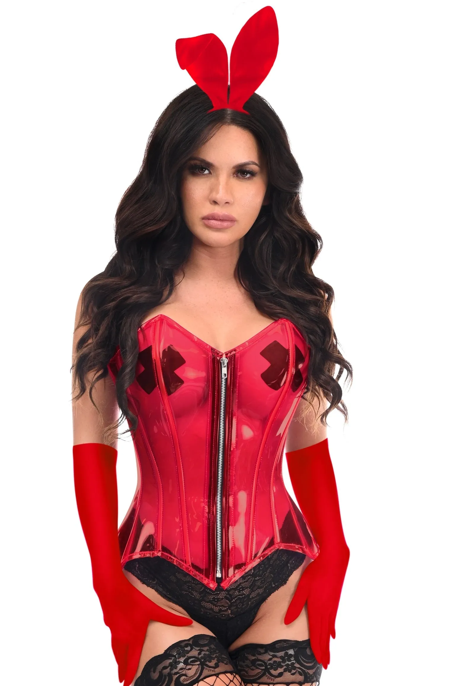 Lavish 4 PC Clear Red Sexy Bunny Corset Costume