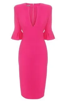 ruffle sleeve - wiggle pencil dress with V neckline