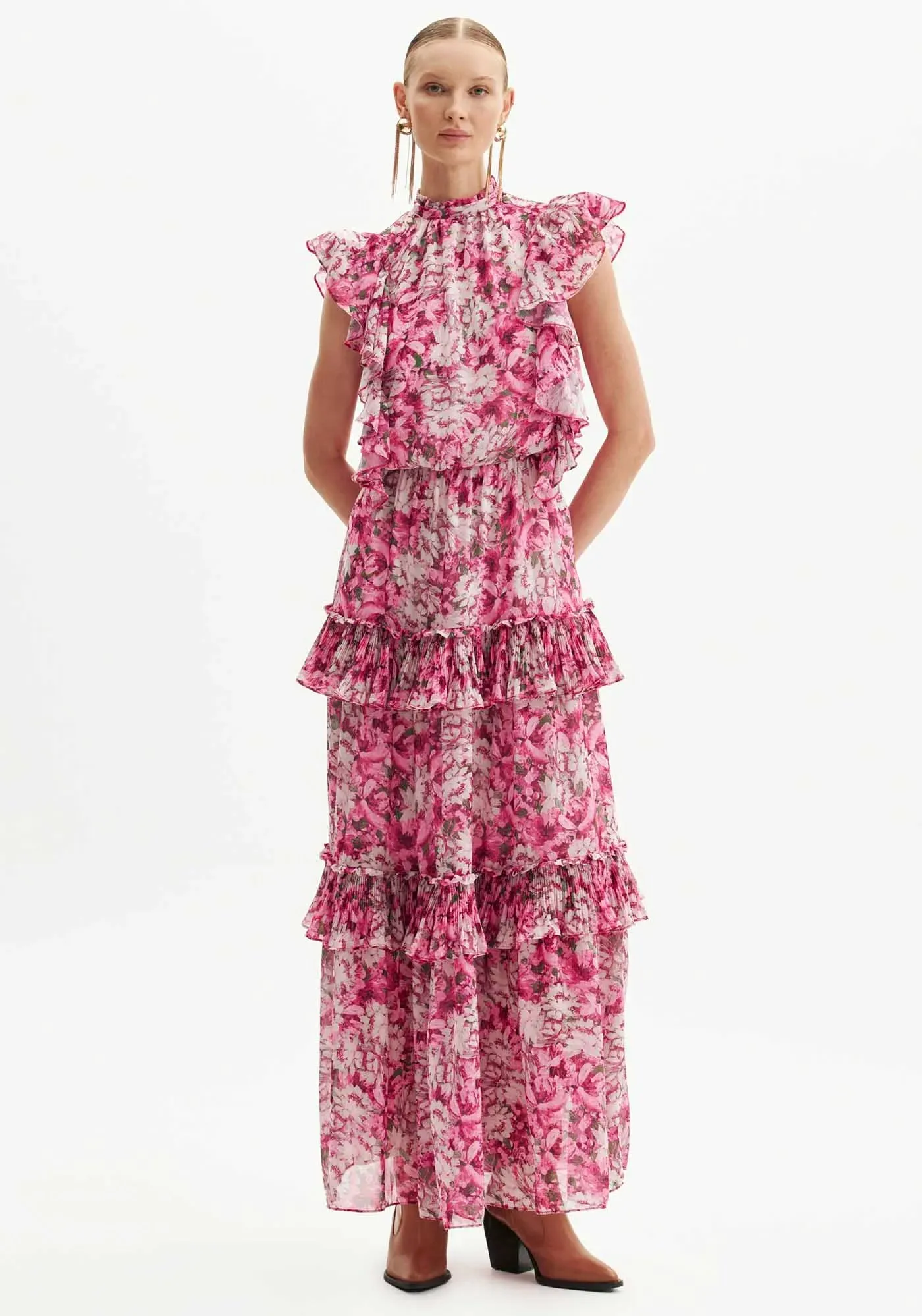 VESTIDO AMARANTE ESTAMPADO LONGO JARDIM ROSADO