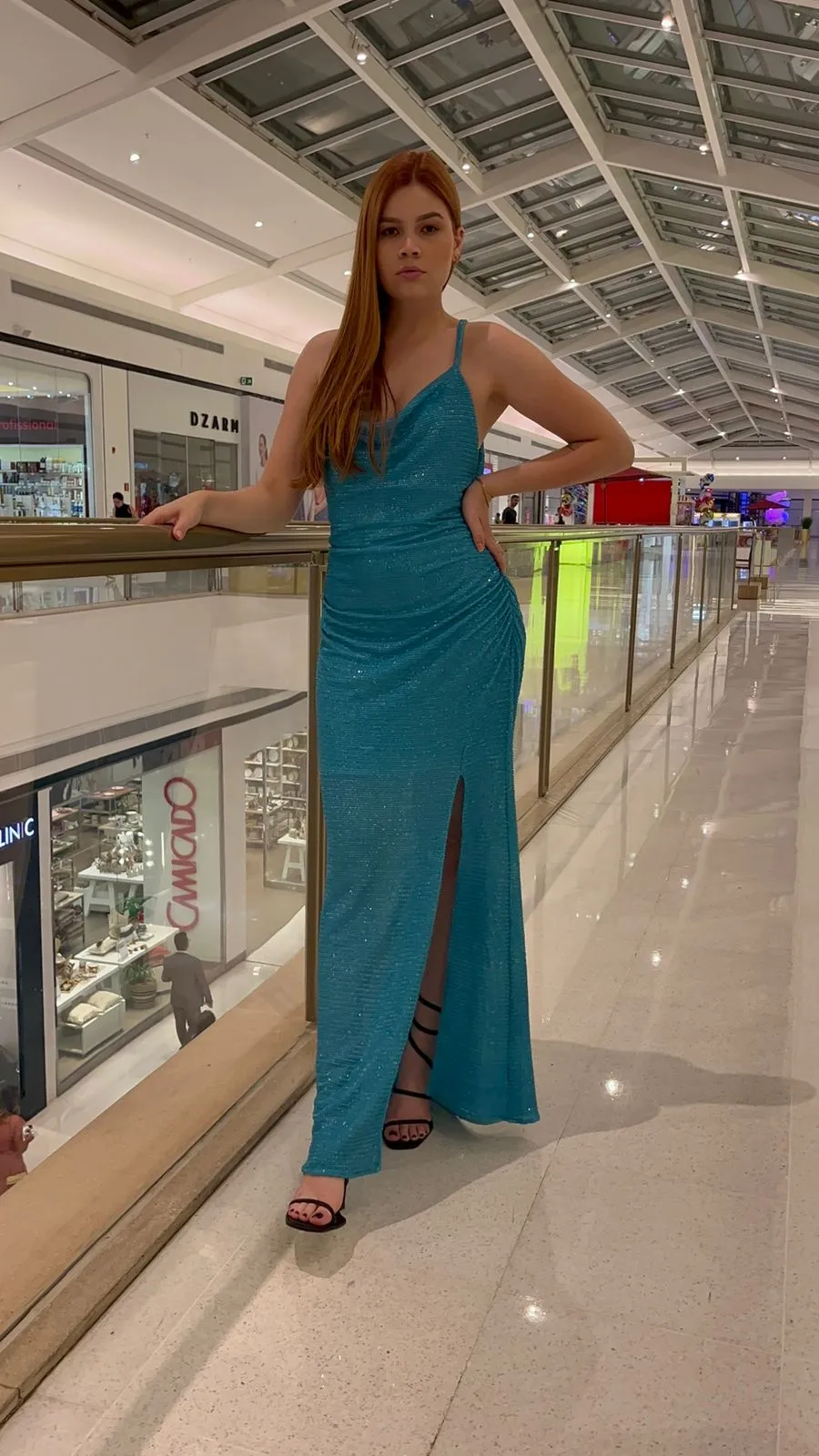 VESTIDO FABIANA MILAZZO LONGO DRAPEADO TURQUESA