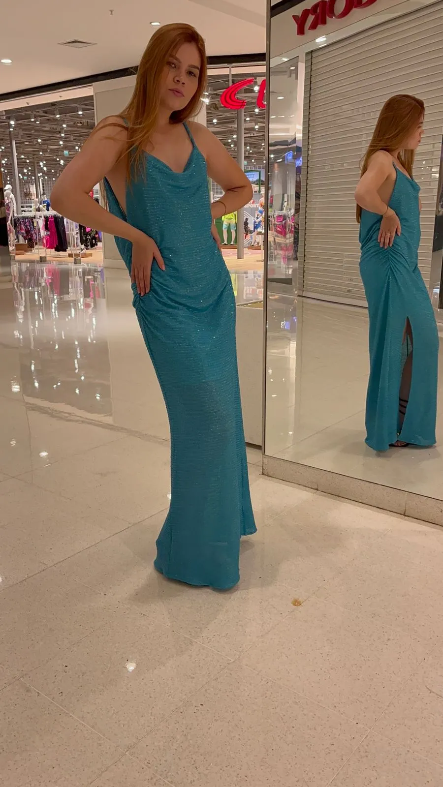 VESTIDO FABIANA MILAZZO LONGO DRAPEADO TURQUESA