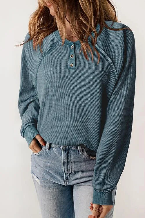 Waffle Knit Henley Sweatshirt (S - 2X)